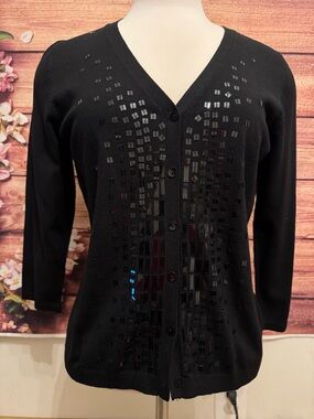 August Silk Black Sequin Cardigan V Neck Button Front 3/4 Sleeve Sweater Sz M